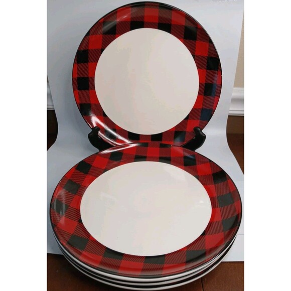 Robert Stanley Farmhouse Red & Black Plaid Set Of 4 Dinner Plates 10 1/4" - Picture 1 of 8